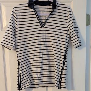 Tommy Hilfiger Navy and White Striped Polo Blouse Women's Size L